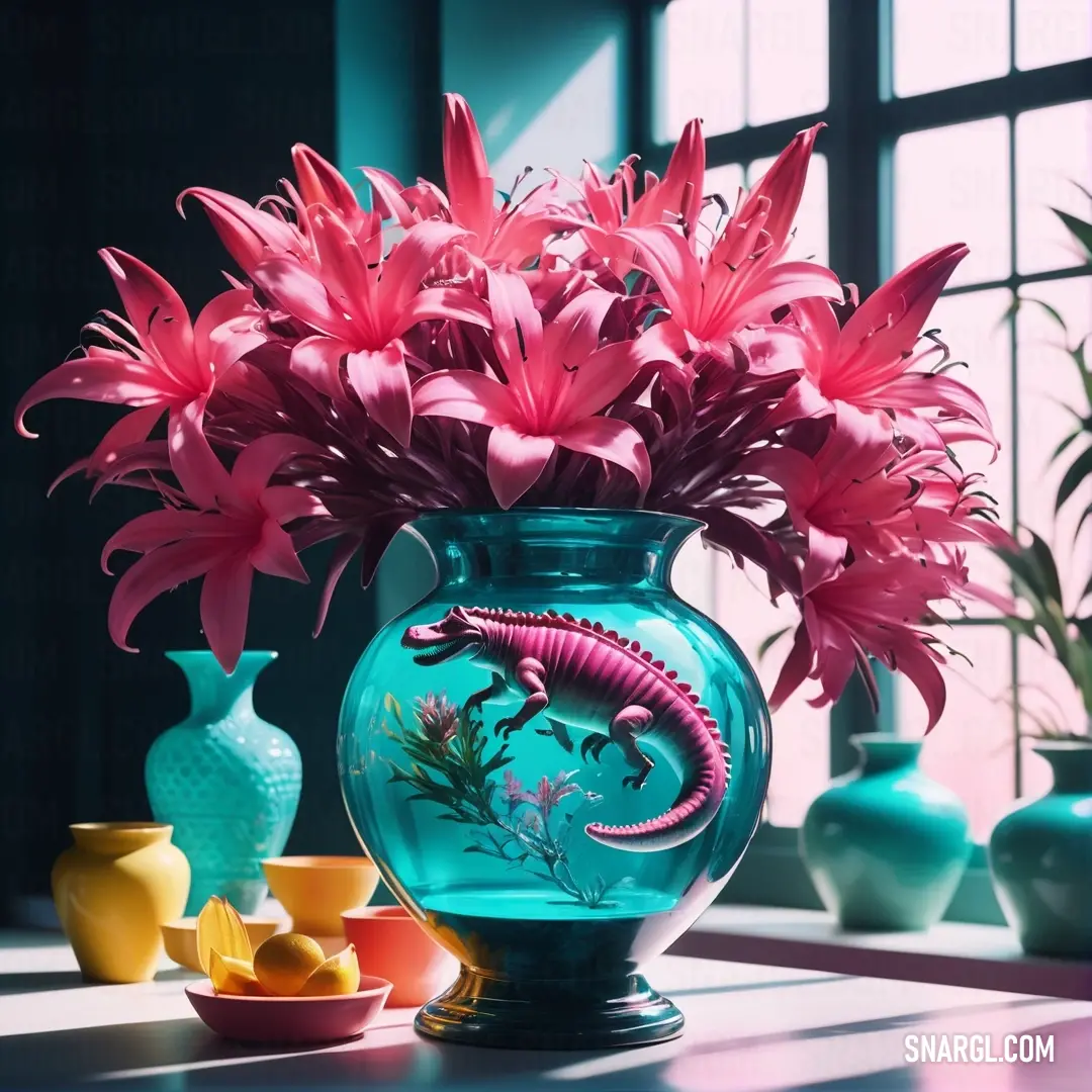 Raspberry color example: Vase with flowers and a lizard on it on a table next to other vases and bowls