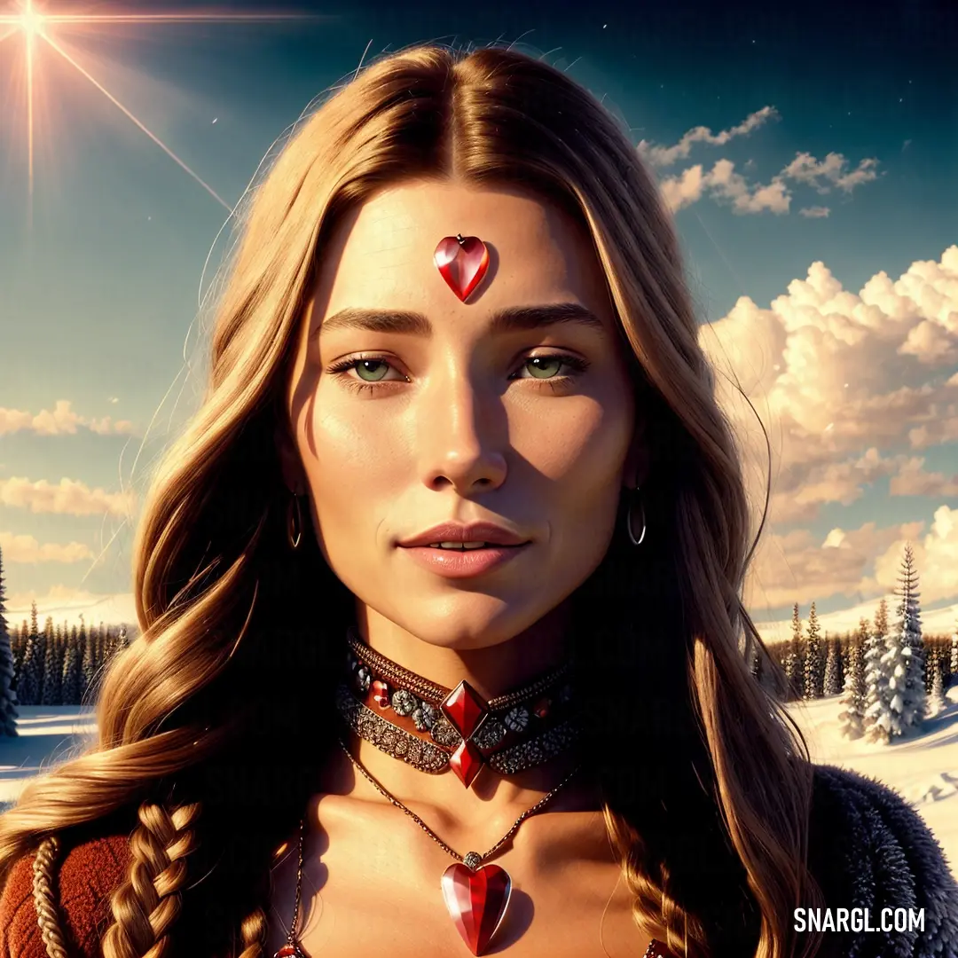 A serene and mystical scene of a woman with a heart symbol on her forehead, standing in a snowy landscape beneath a starry sky, with a glowing star shining brightly above her.