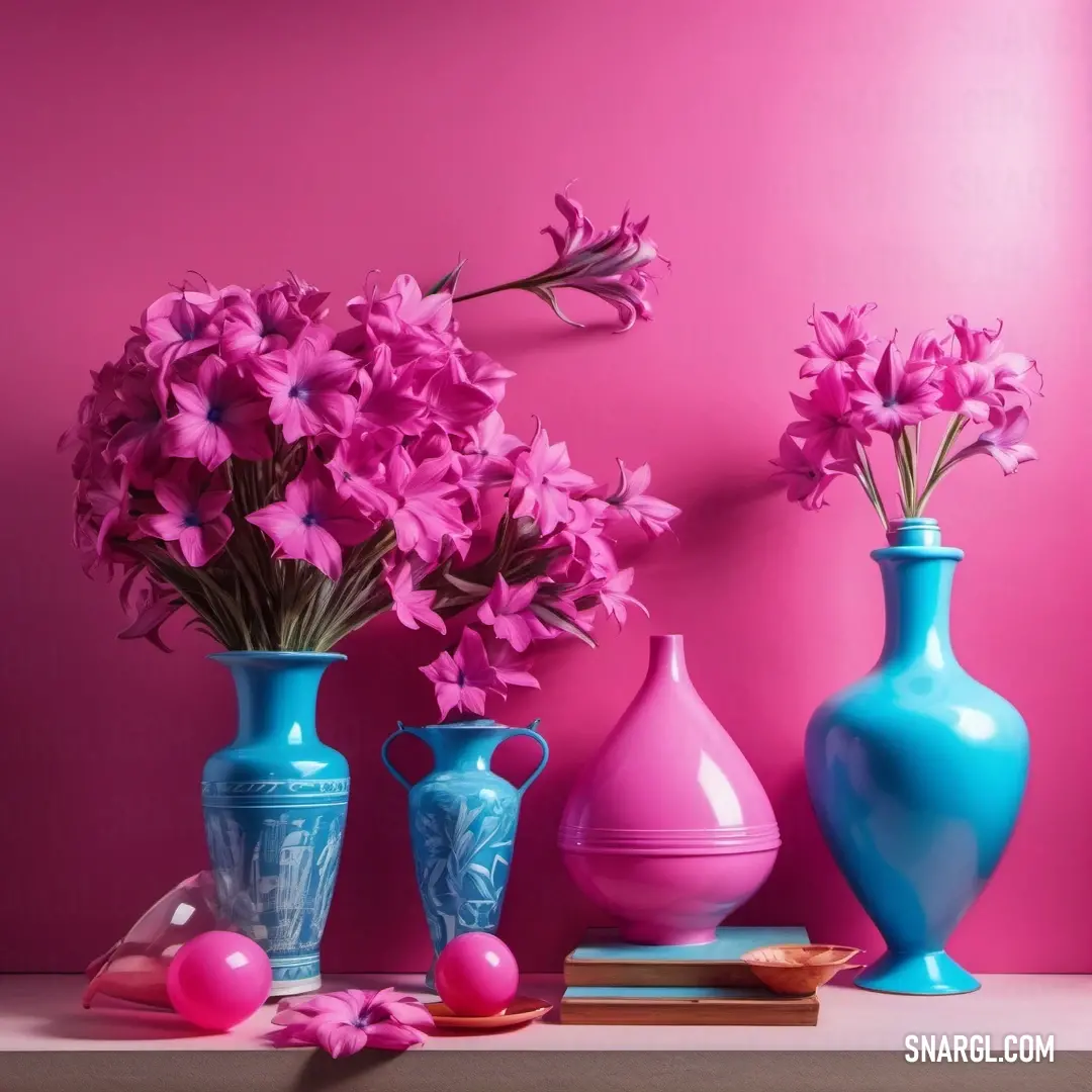 A beautifully arranged table showcasing three elegant vases filled with vibrant flowers, complemented by decorative eggs, all set against a soft pink wall. This harmonious scene illustrates a perfect blend of colors and textures, creating a serene atmosph