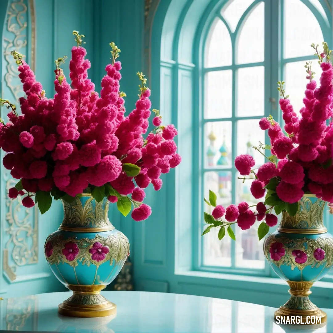 A delightful raspberry-colored scene showcases a stylish table adorned with two vases filled with flowers, set against a backdrop featuring a large window that invites natural light into the cozy space.