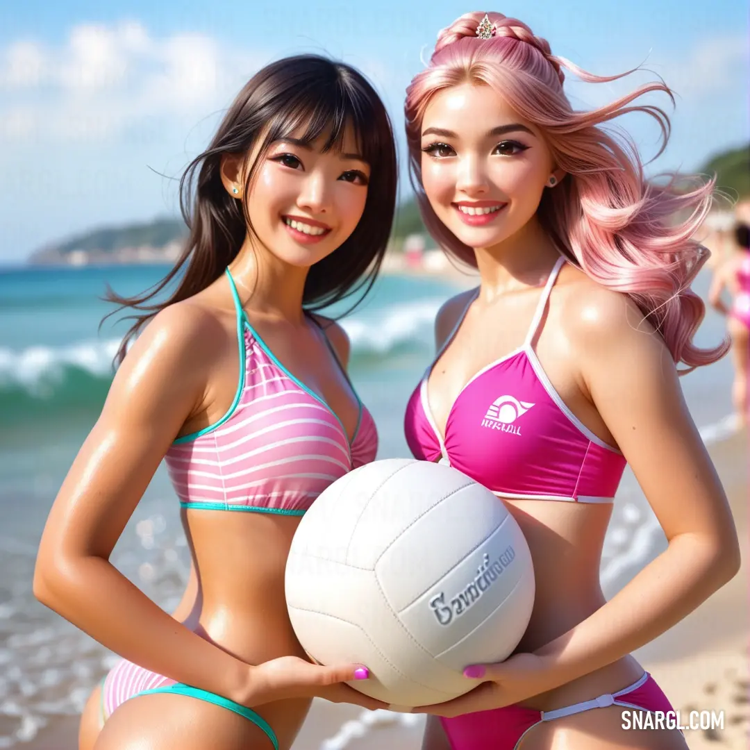 Two women in bikinis, confidently holding a volleyball, stand on a sunny beach. The vibrant energy of the scene is enhanced by the warm golden sands and the playful, bright tones of the CMYK color combination.