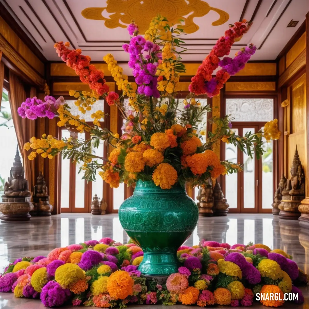 A vibrant array of colorful flowers bursts from a large vase, elegantly positioned on a table near a wall featuring inviting windows and a door, creating a joyful and lively ambiance in the room.