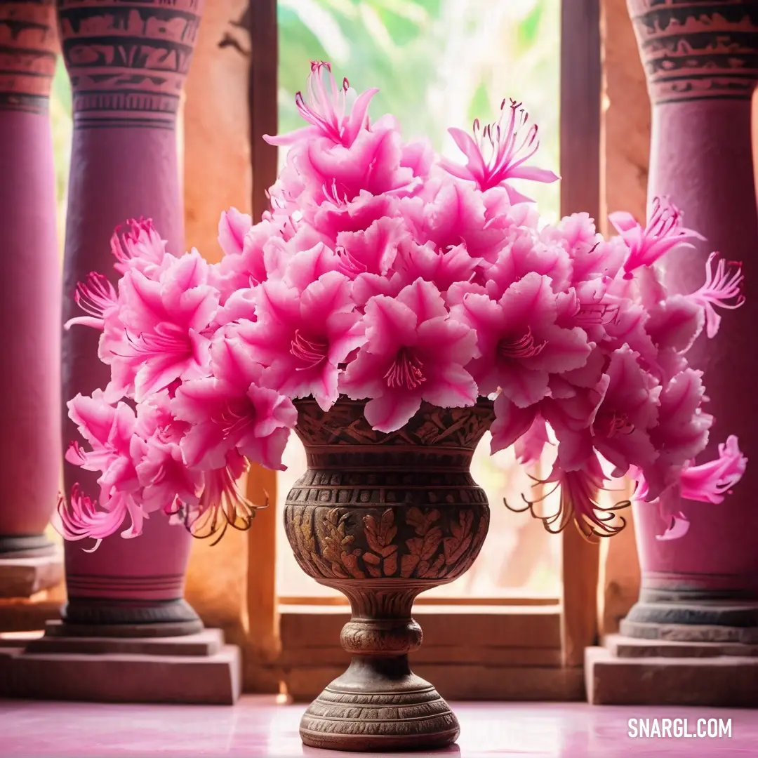 A charming scene displays a vase filled with vivid pink flowers on a table, while sunlight streams through a window adorned with elegant columns in the background, offering a glimpse of outdoor beauty.