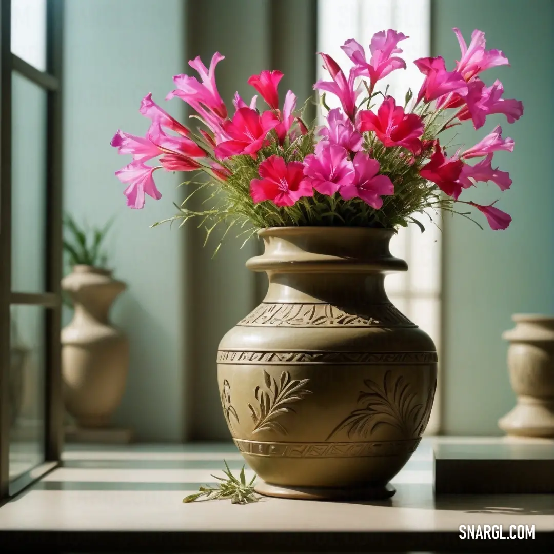 A charming table displays a delicate vase filled with pink flowers, strategically placed next to a reflective mirror and a window. The scene captures the beauty of nature and soft light, enhancing the warmth of the space.