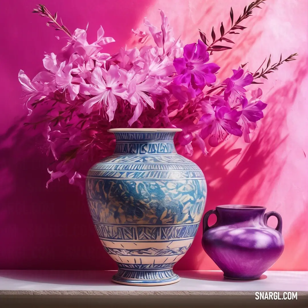 A quaint shelf showcases a striking purple vase filled with vibrant flowers, placed beside a matching vase, creating a harmonious visual display that radiates freshness and charm, adding personality to the room's decor.