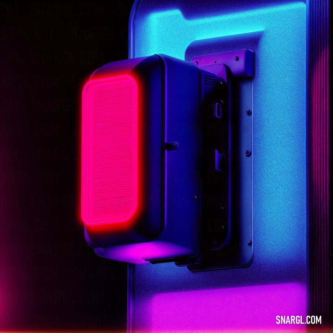 Wall mounted speaker with a neon light behind it and a black background with a red