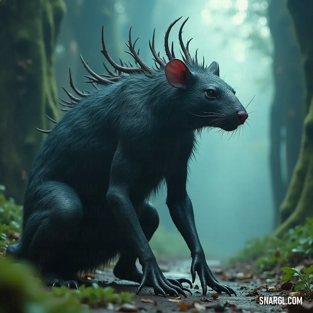 The Black Rat King stands proudly on a forest path, its commanding presence accentuated by prominent horns and a regal demeanor, as dappled sunlight dances across the leafy ground, enriching the allure of its surroundings. Majestic Black Rat King adorns the path of an ancient forest, with horns spiraling from its head and eyes that reflect wisdom and power, surrounded by a lavish carpet of leaves, making it the guardian of this enchanting realm.