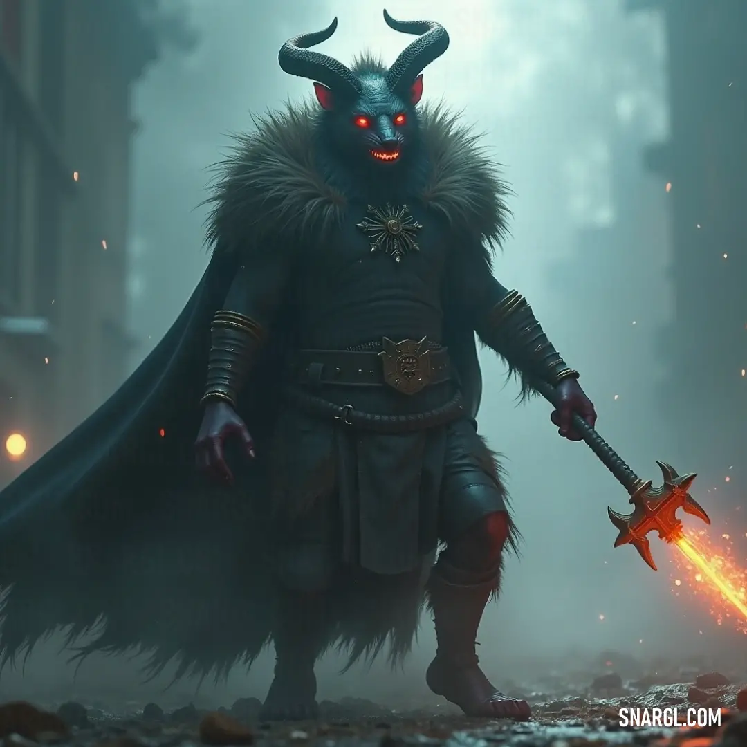 Demonic Rat Ogre Chief, glowing red eyes and sword in hand, standing in a quiet, eerie city street at night. A demonic Rat Ogre Chief, eyes glowing red, grips a sword as he stands in a dark city street at night. The eerie glow of his eyes adds an air of menace to the quiet, shadowy street.