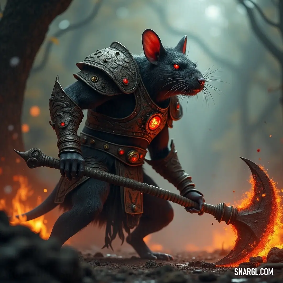 Rat Ogre Warlord in a glowing helmet, holding a fiery axe in a forest surrounded by flames and smoke A fierce Rat Ogre Warlord stands in a dense forest, wearing a glowing helmet and fierce eyes that shine in the dark. In his hand, he wields a fiery axe, its flames illuminating the surrounding trees and casting a menacing glow through the smoky air.