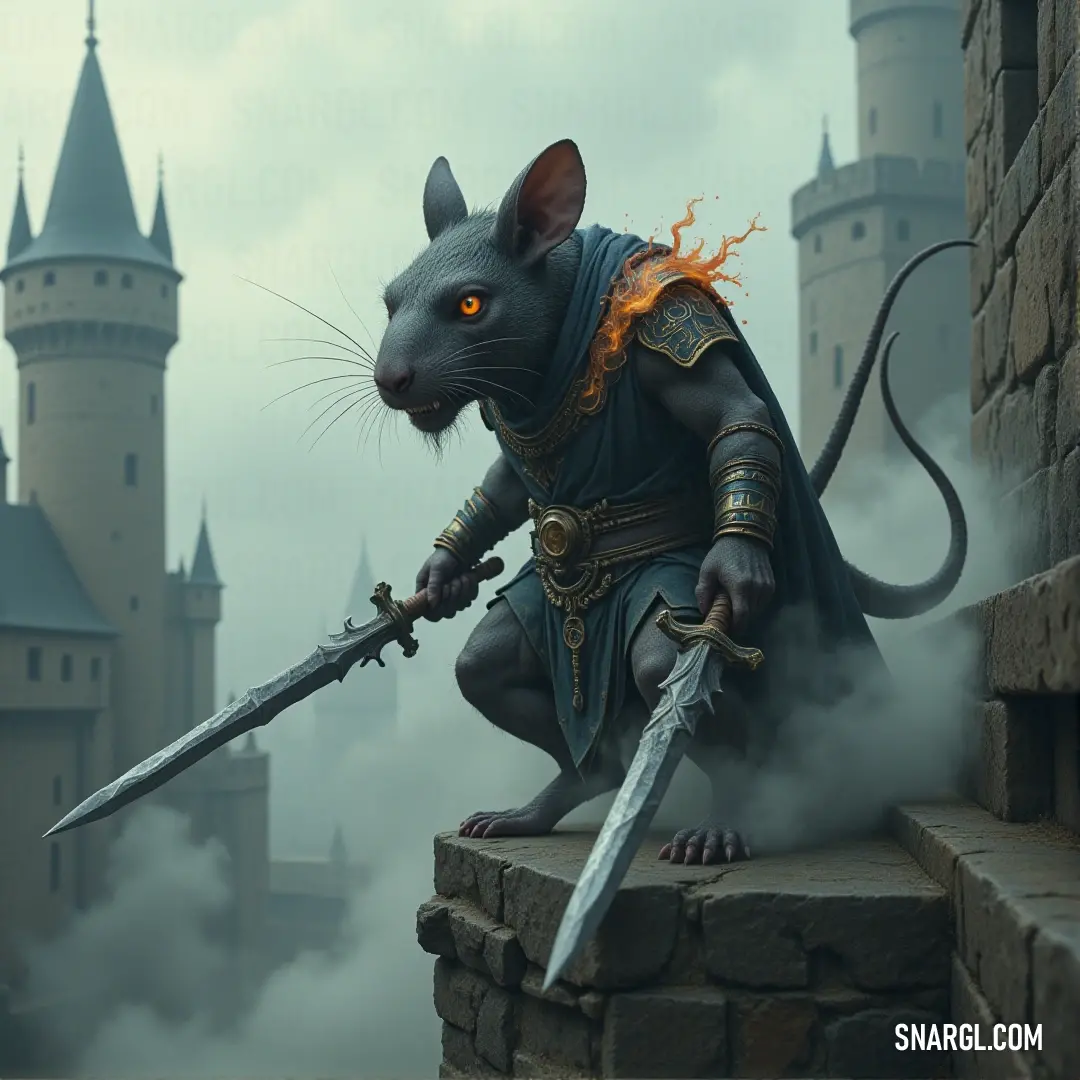 Rat Ogre with a sword and armor on a crumbling castle wall, smoke rising from its mouth. A powerful Rat Ogre clad in armor and holding a sword stands on a crumbling castle wall, smoke billowing from its mouth. The smoke swirls around the ogre, blending with the ominous atmosphere.
