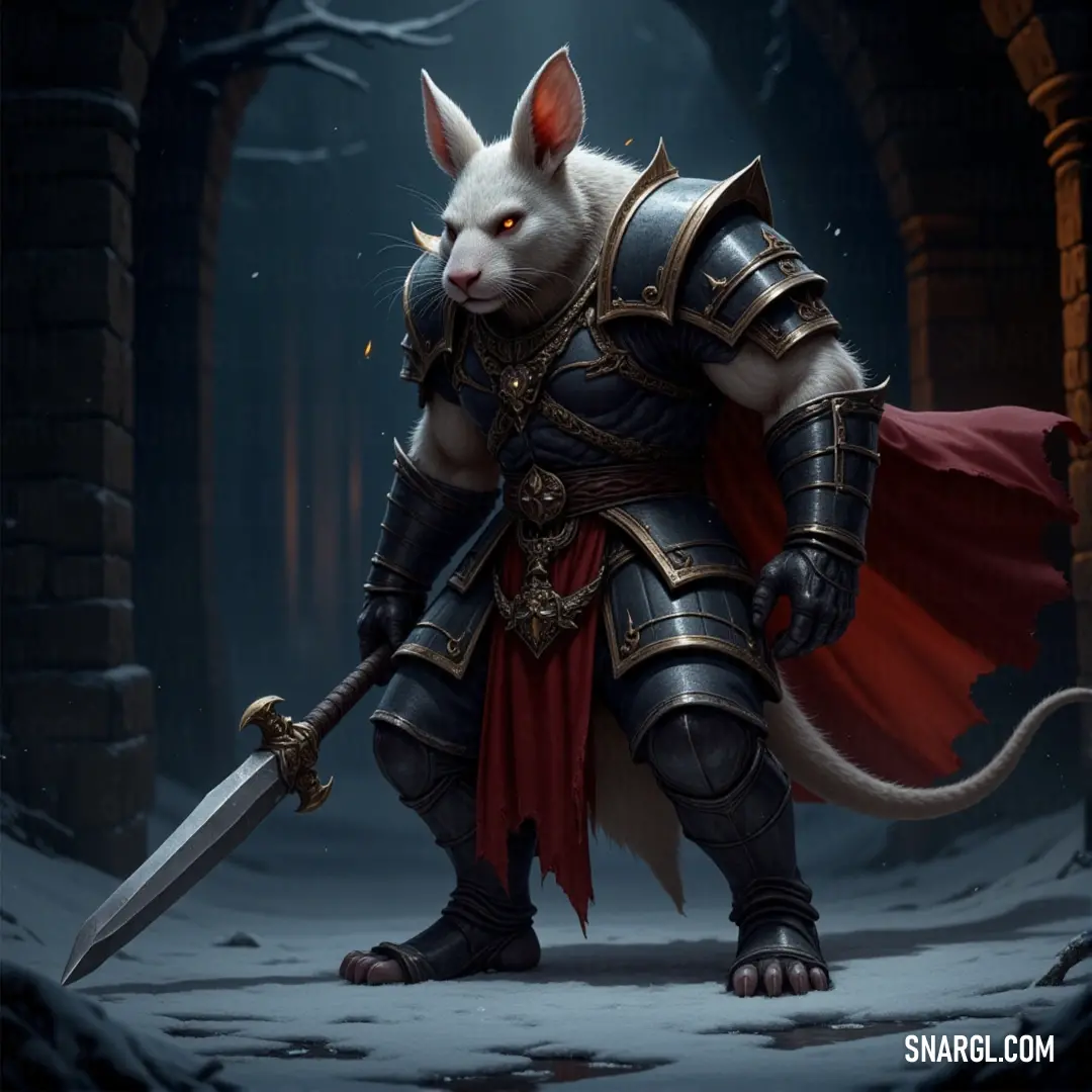 Ratch, with a red cape and sword, stands in the snow beneath a stone archway, a figure of grace and strength in a magical winter setting. A white-clad Ratch, wearing a flowing red cape, holds a sword in a serene snowy forest. A stone archway rises in the background, creating a majestic and timeless backdrop for this noble warrior.