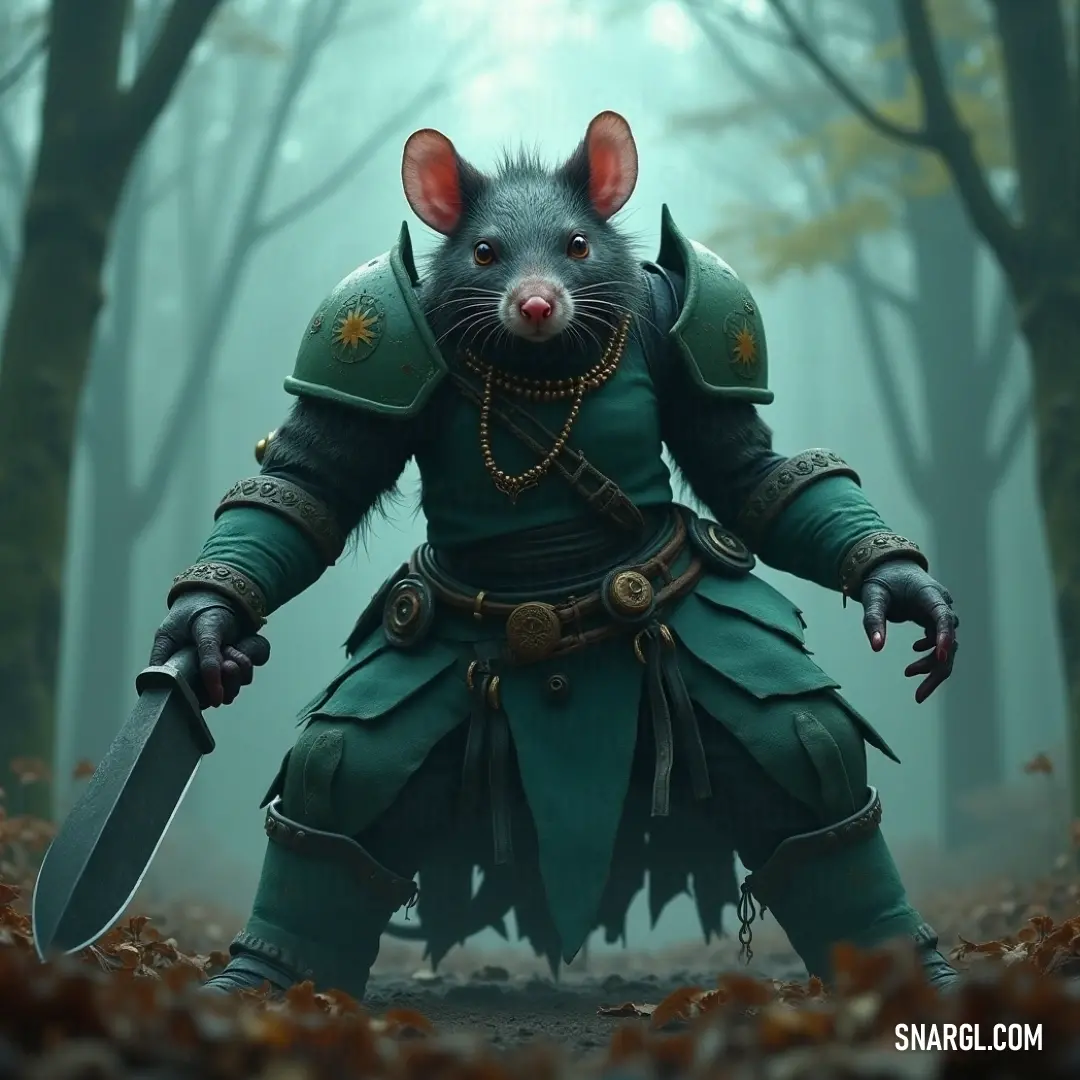 In the heart of the forest, a Ratling Gunner, armed with a knife, moves silently among the fallen leaves, its surroundings cloaked in shadows. The Ratling Gunner, dressed in a green outfit, holds a sharp knife as it crouches in the forest. Leaves litter the ground, and the dense trees loom around it, creating a hidden but tense atmosphere.