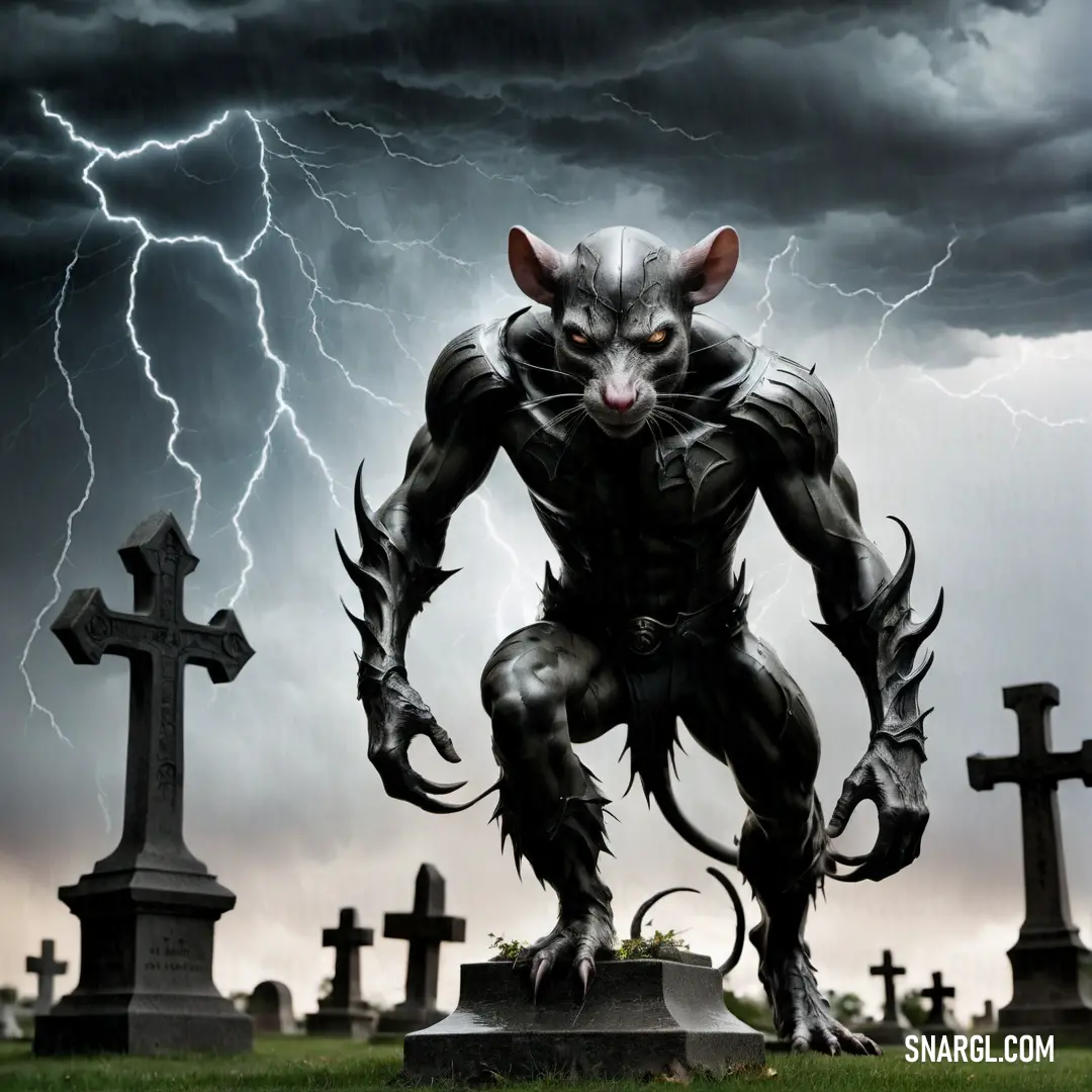 Cat is standing in a graveyard with a lightning in the background and a cemetery with graves and crosses