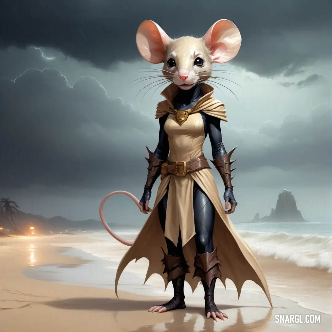 Mouse dressed in a costume standing on a beach with a lightning in the background and a dark sky