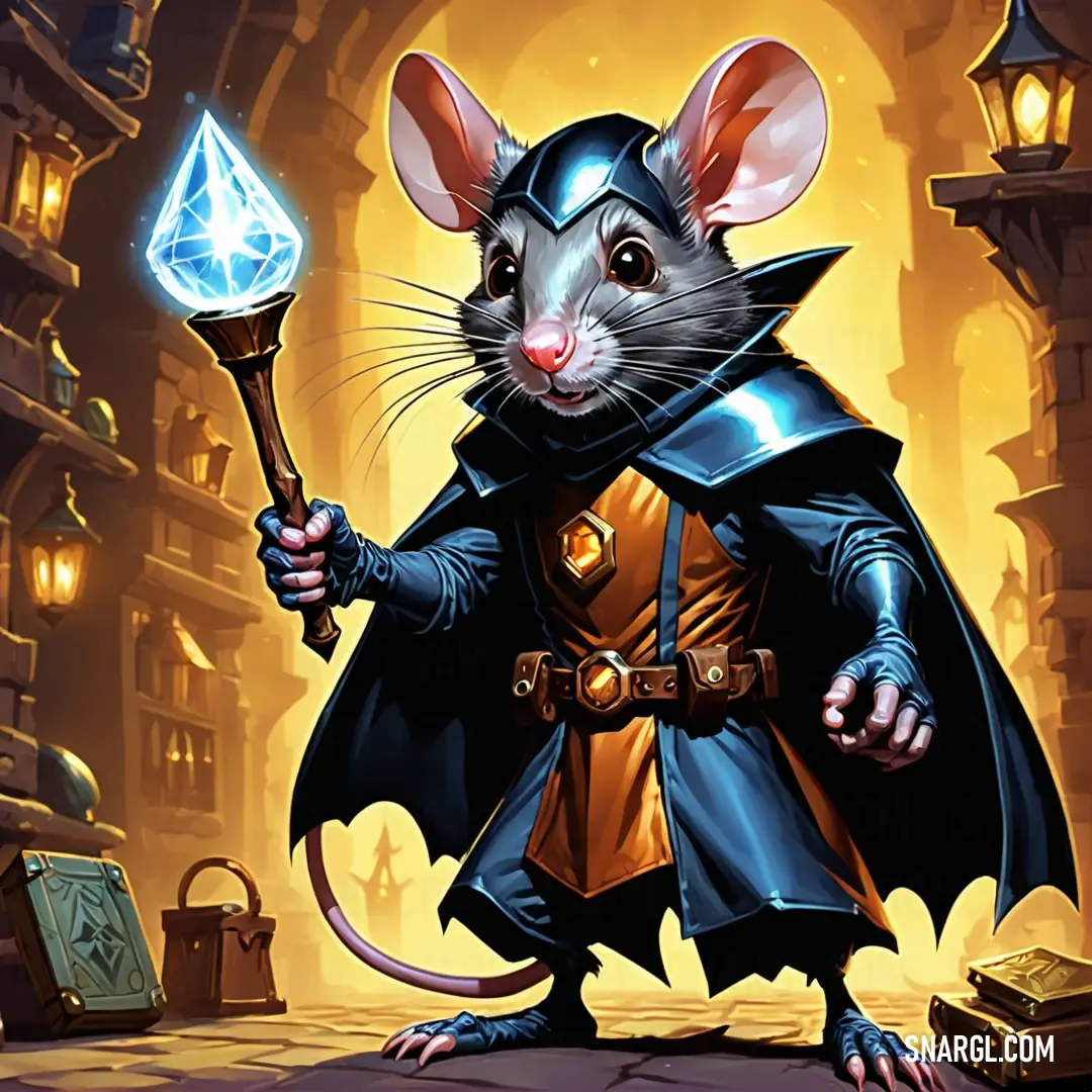 Mouse in a costume holding a crystal ball and a wand in its hand in a dark alley with a glowing light