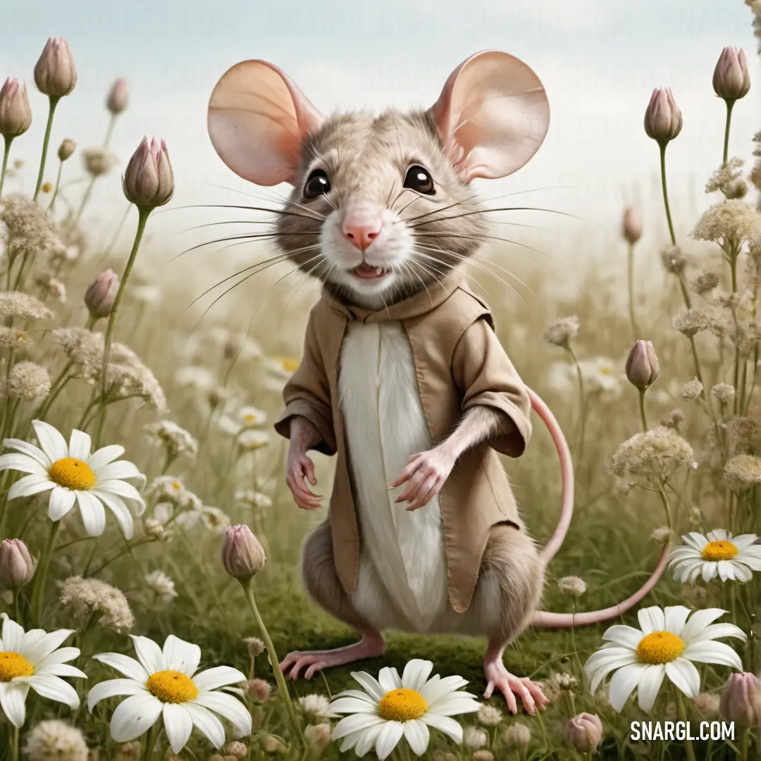 Mouse in a field of flowers with a mouse in the middle of it's body