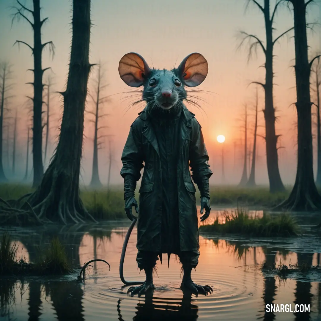 Mouse in a raincoat standing in a swamp at sunset with trees in the background