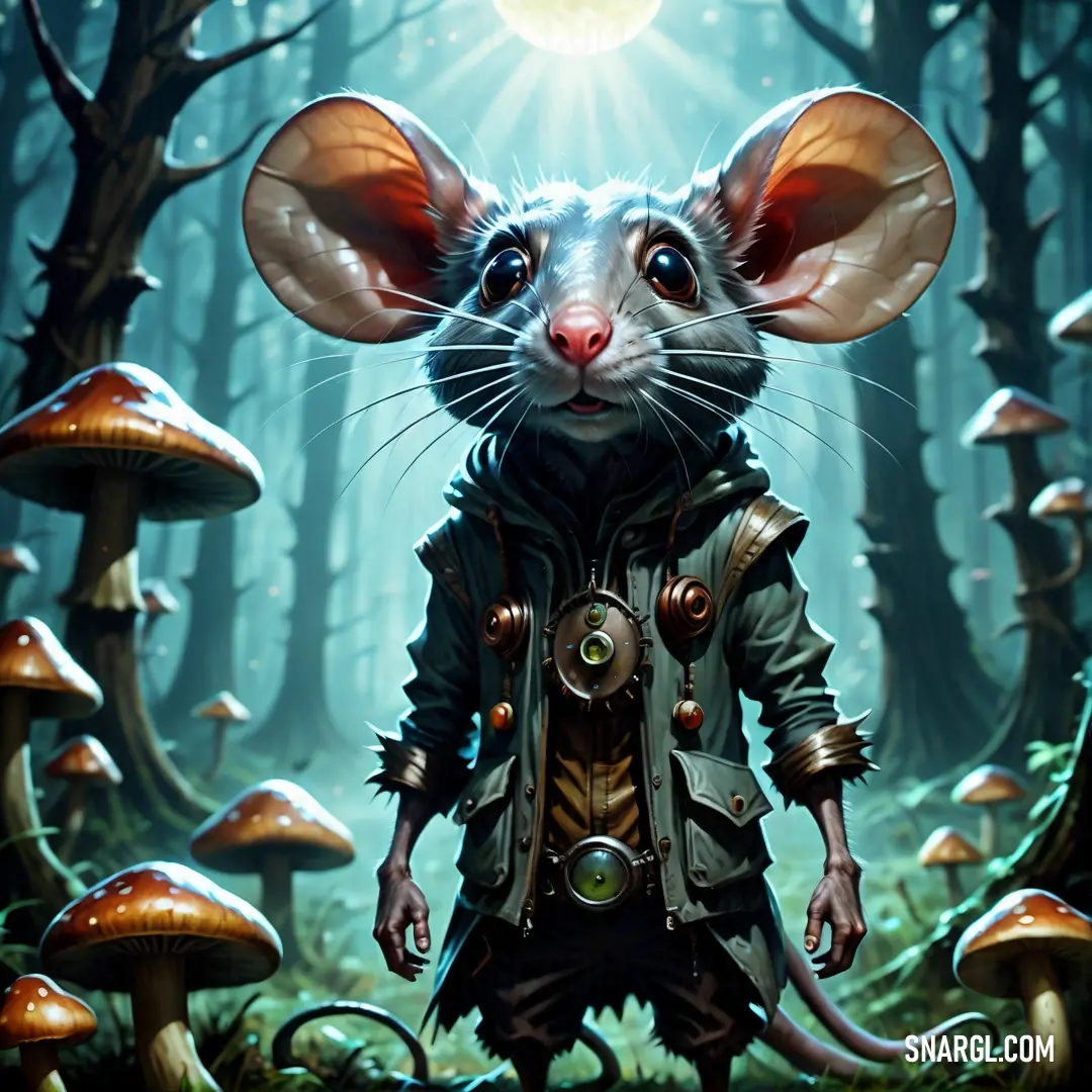 Mouse with a leather jacket and a helmet on in a forest with mushrooms