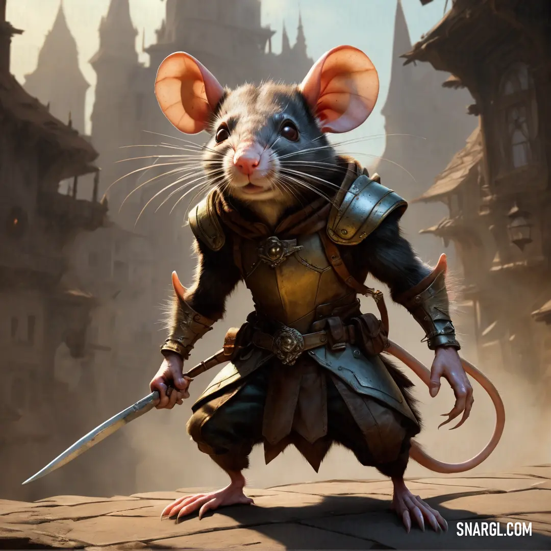 Mouse with a sword in its hand and a castle in the background
