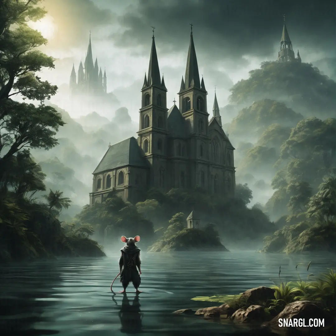 Painting of a male Ratman standing in a river in front of a castle with a tower on it's side