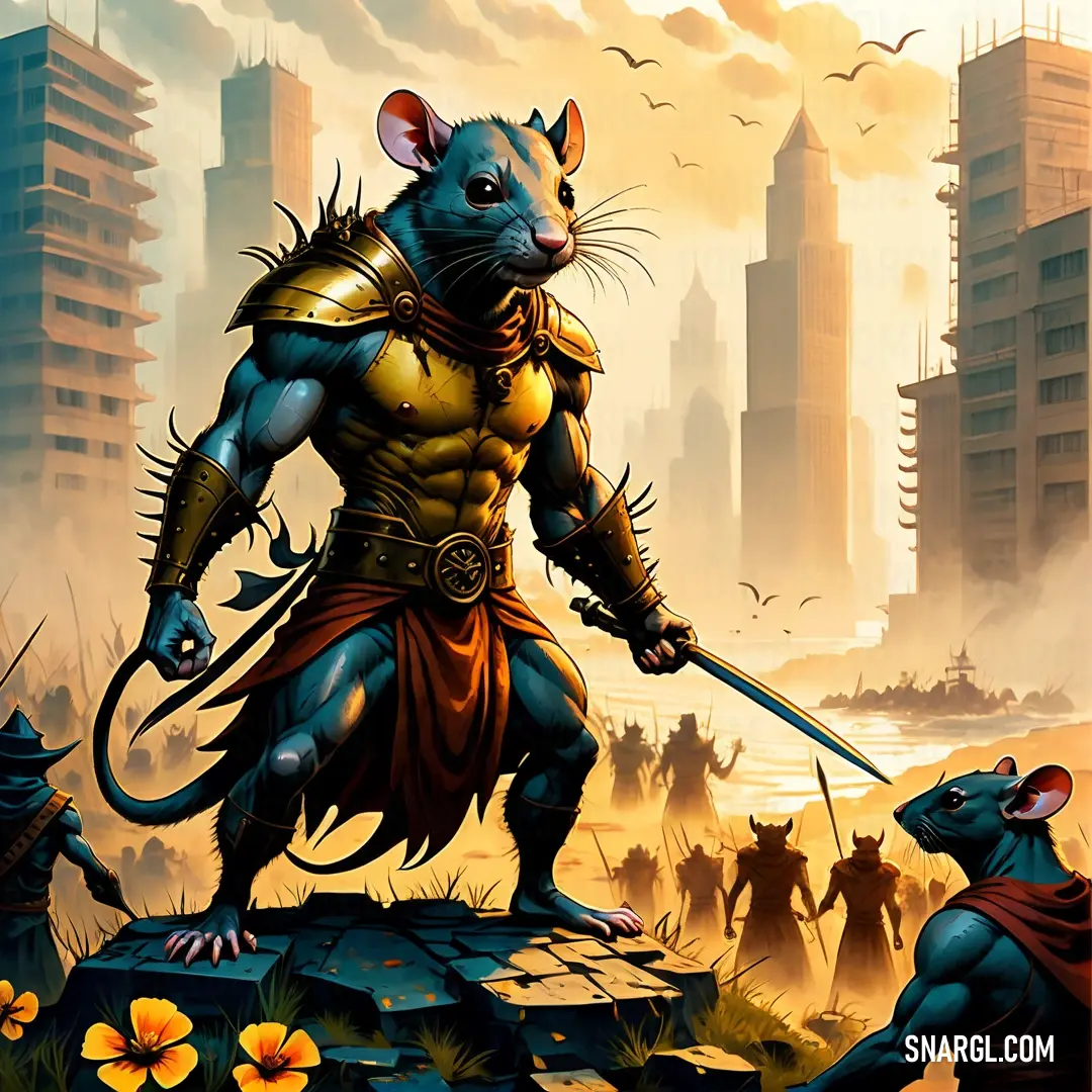 Painting of a rat with a sword and armor on a city background with a mouse in the foreground