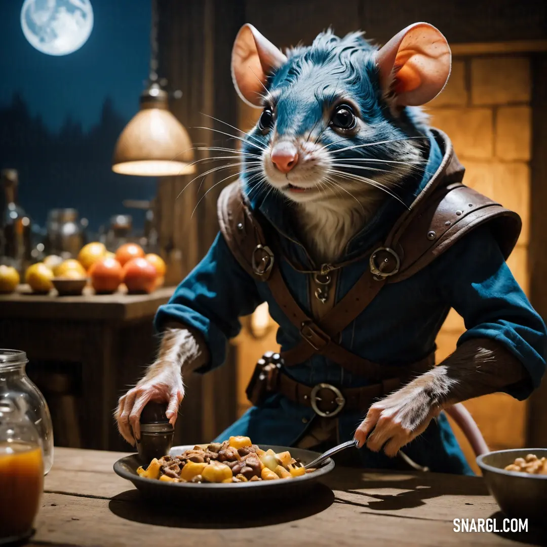 Rat in a costume eating food from a plate on a table with a full moon in the background