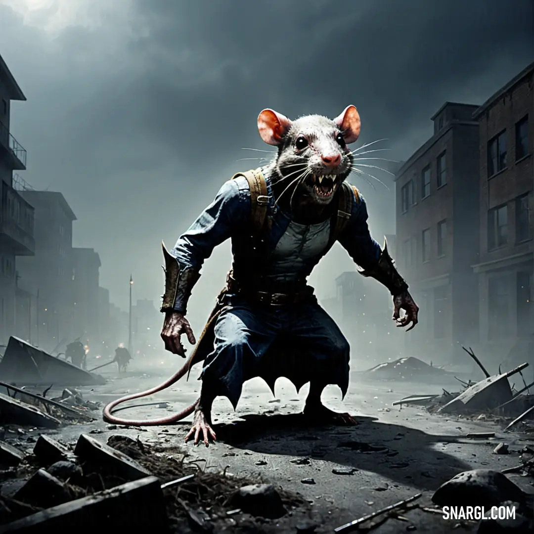 Rat in a costume standing in a destroyed city street with a building in the background and a dark sky