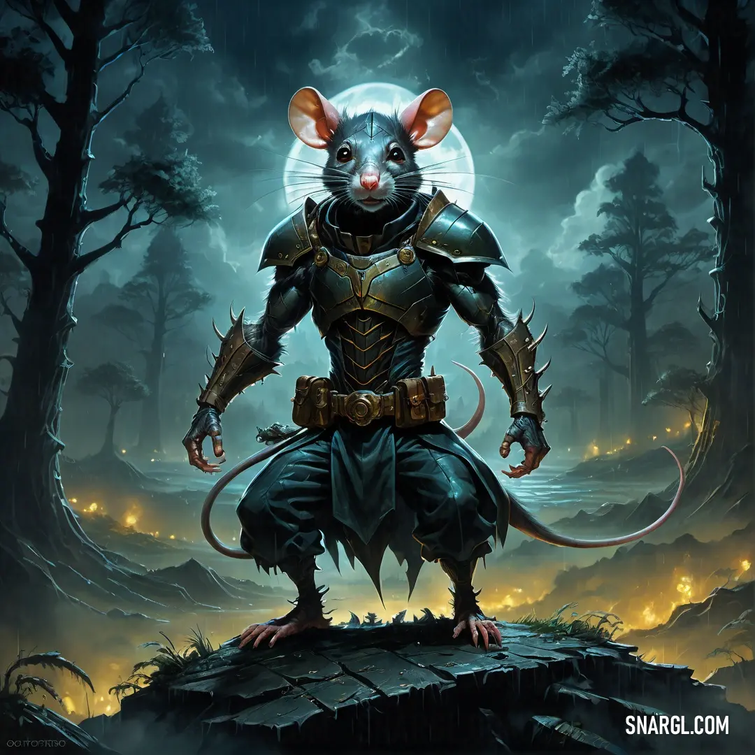 Rat in a costume standing in a forest with a full moon in the background