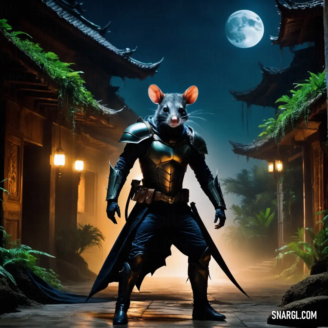 Rat in a costume standing in a street at night with a full moon in the background