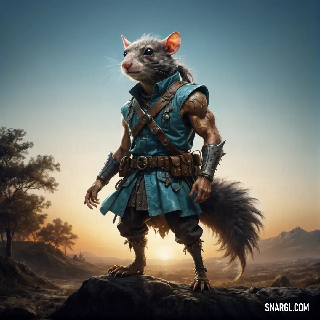 Rat in a costume standing on a rock in the desert at sunset with a wolf like outfit on