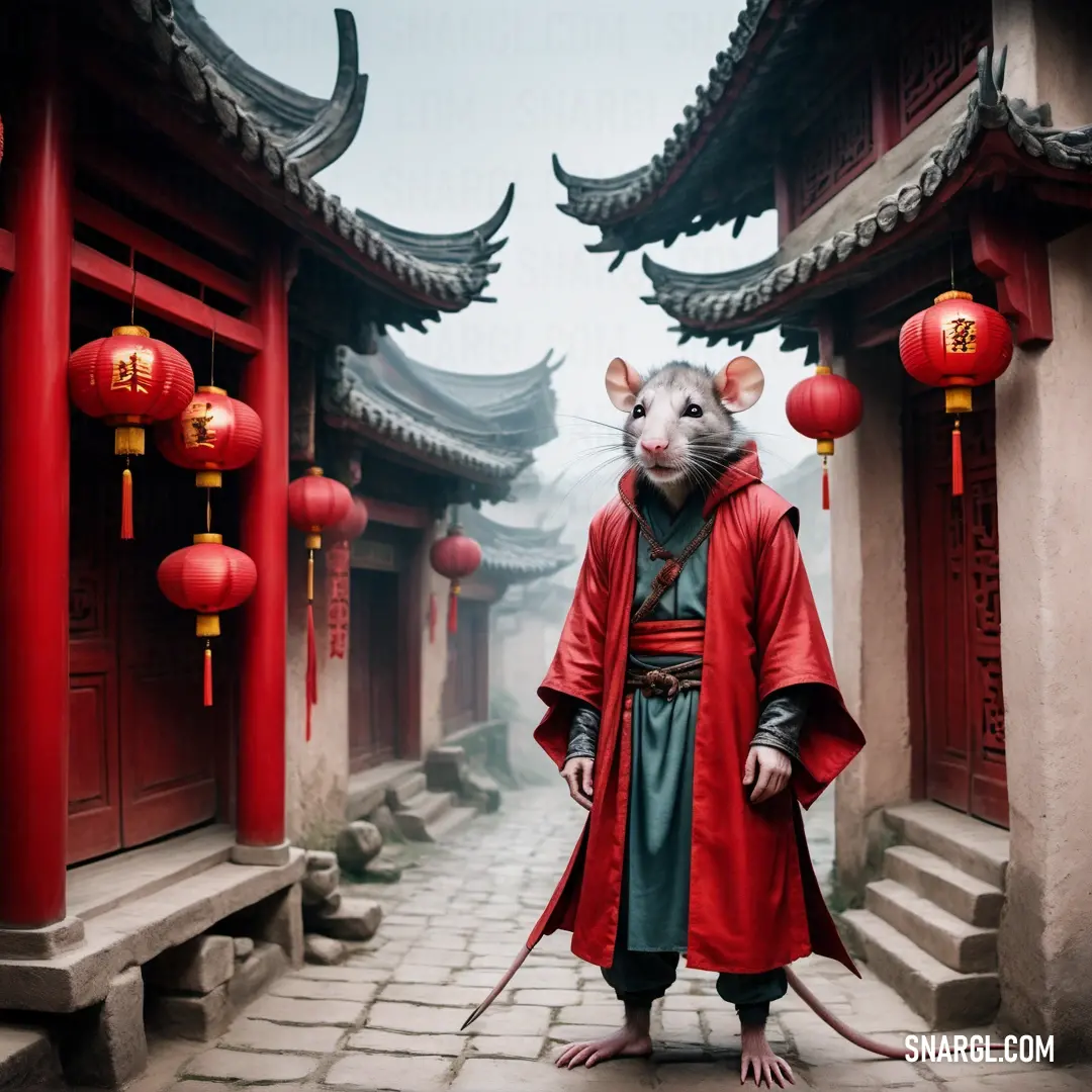 Ratman in a red coat standing in a courtyard with lanterns