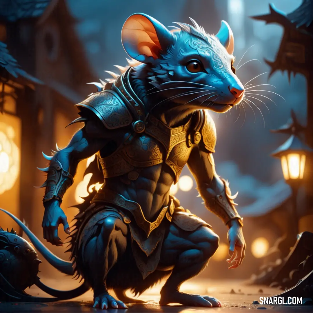 Rat in armor standing in a dark alley with a lantern in the background