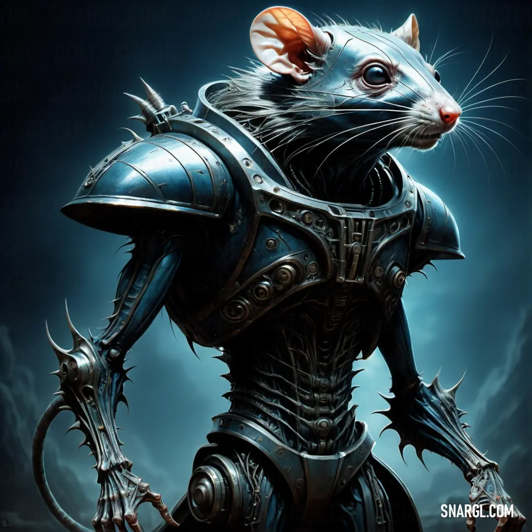 Rat in armor with a helmet and horns on it's head