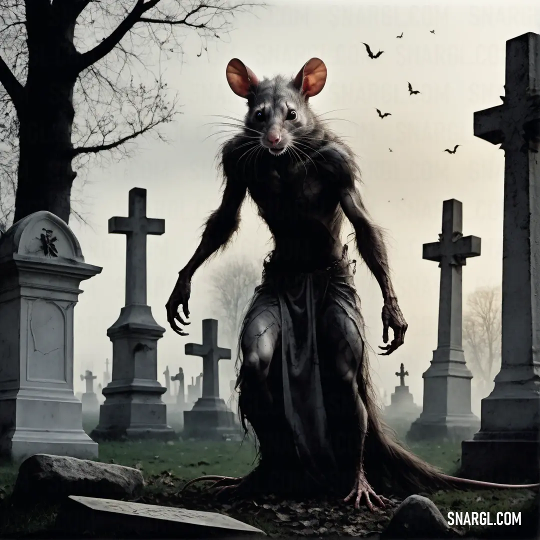 Rat standing in a graveyard with a mouse on its back and a cross in the background with bats flying overhead