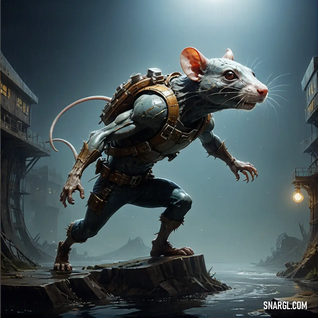 Rat with a backpack on its back walking across a body of water in front of a building with a light on