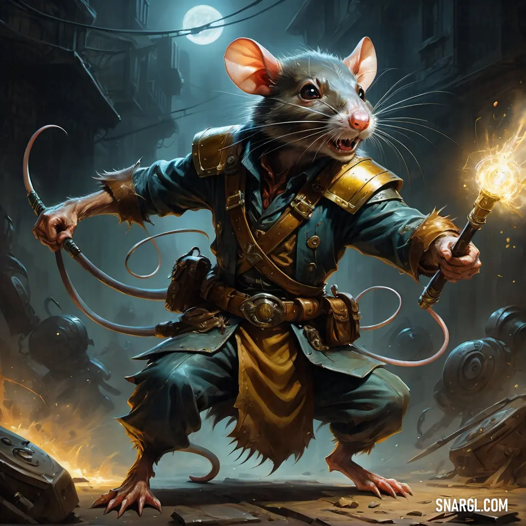 Rat with a sword and a suit on holding a light saber in its hand