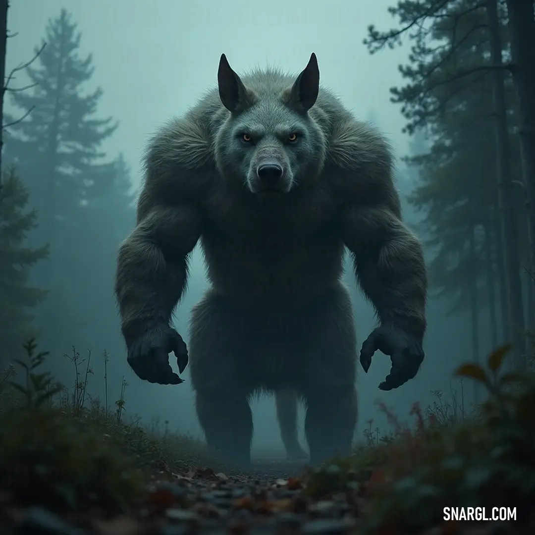 A majestic bear confidently walks through a mystical forest enveloped in fog, surrounded by towering trees. A majestic bear confidently strides through an enchanting forest, shrouded in an ethereal fog that adds an air of mystery, as towering trees reach for the sky in the backdrop.