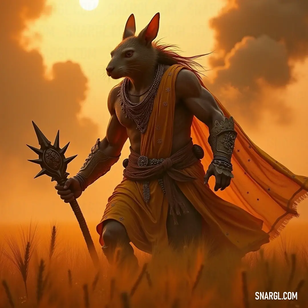 A captivating painting of Ratthar with a horned animal head wielding a sword in a sunlit field, embodying adventure and heroism. A stunning painting depicts Ratthar, showcasing a horned animal head holding a gleaming sword against a backdrop of golden fields, where the sunlight bathes the scene in warmth, evoking a sense of adventure and heroism amid a tranquil landscape.