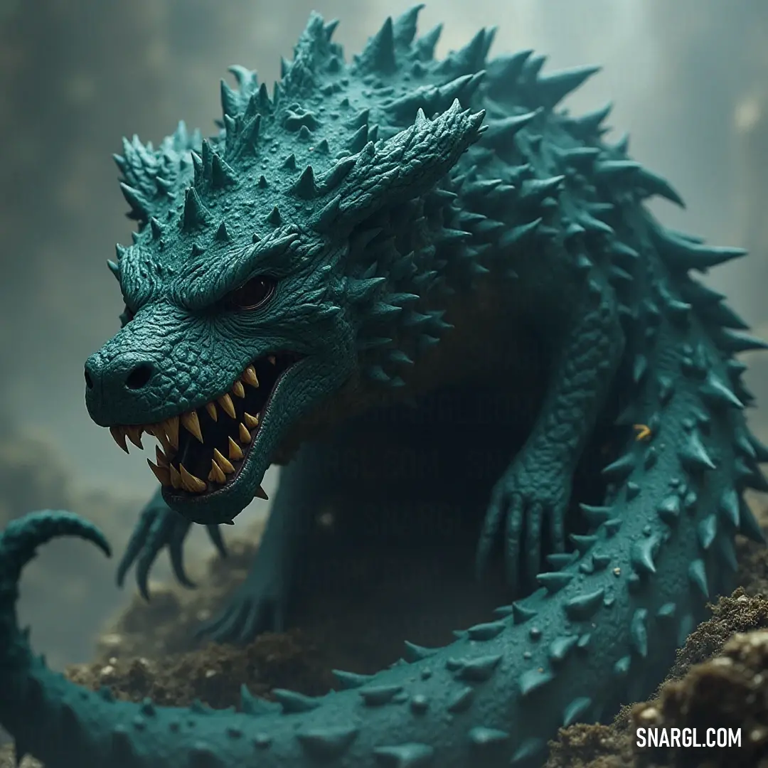 An intense close-up of a roaring toy Godzilla showcasing its fierce might. A vivid close-up of a toy Godzilla roars ferociously, its sharp teeth bared in a fierce grimace, set against a lively backdrop that adds an extra layer of intensity to this iconic figure.