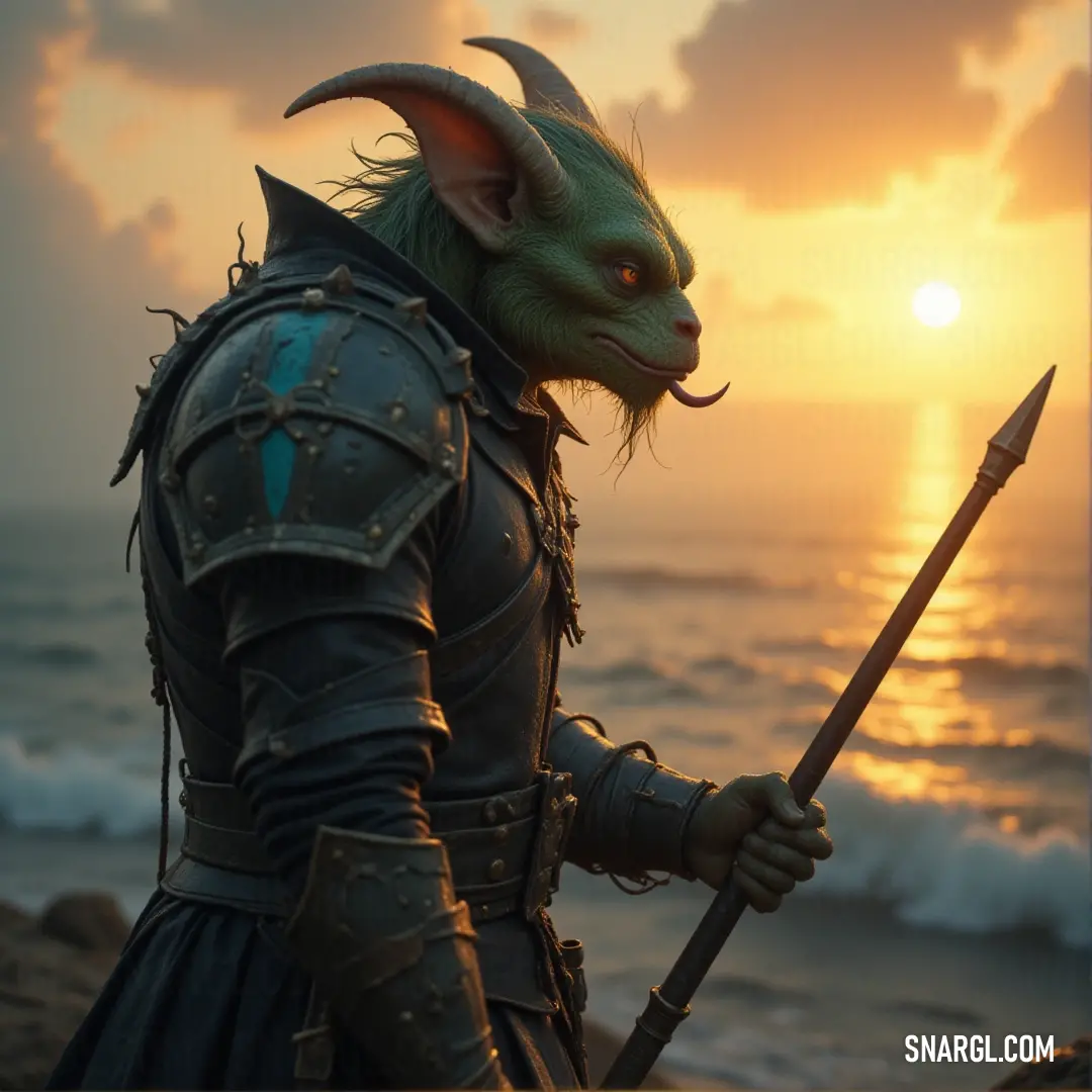 A character in an intricate costume, holding a staff, enjoys a peaceful moment on the beach as the sun sets over the horizon. A character dressed in an elaborate costume, holding a long staff, stands on a tranquil beach at sunset, the warm glow of the sun casting a golden hue across the scene.