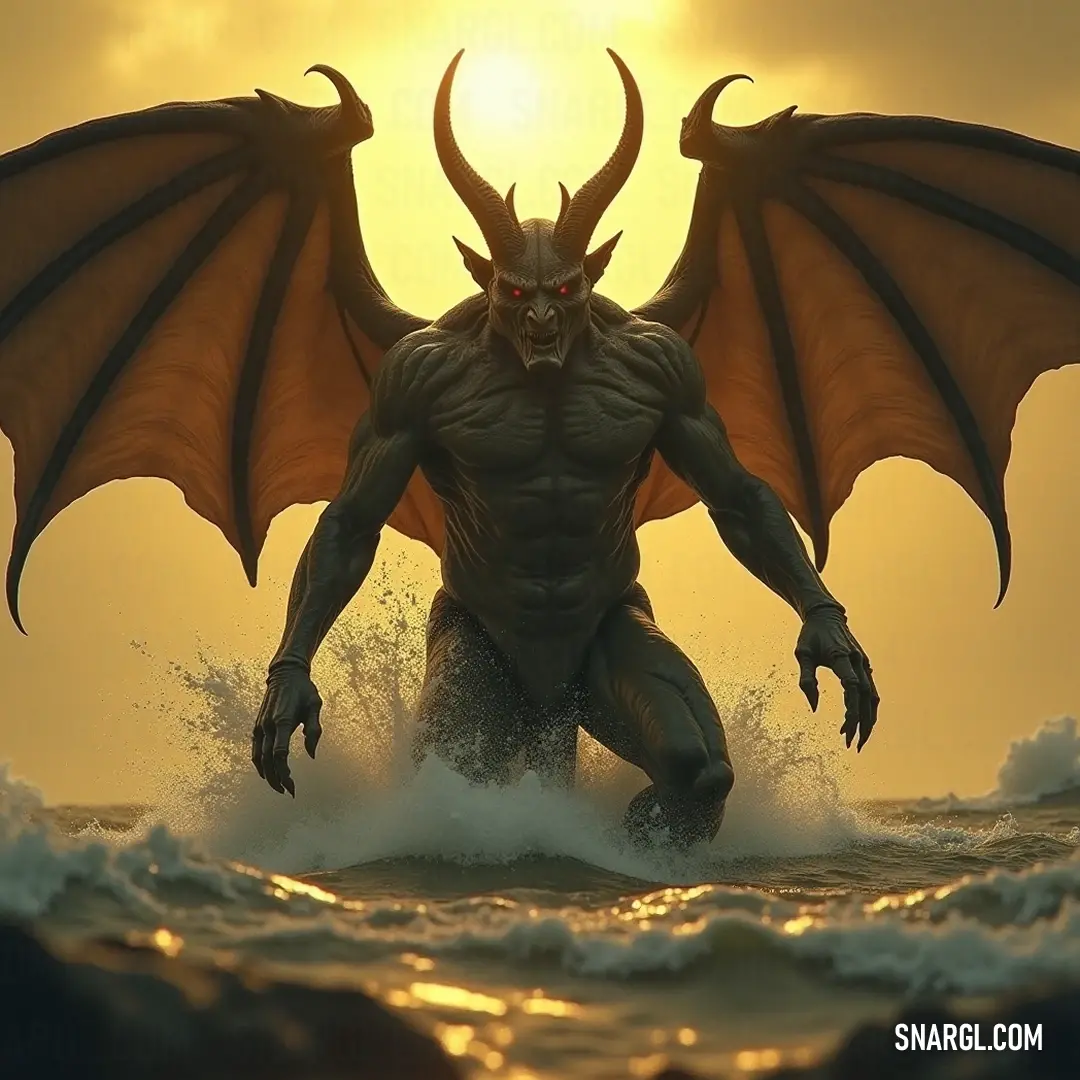 A powerful being commands the tides, with wings fully spread, standing resolute in the ocean as it connects with the boundless essence of nature and the cosmos. A majestic demonic figure stands poised in the ocean, its wings unfurled, casting an impressive shadow on the water as its open eyes gaze deep into the horizon.