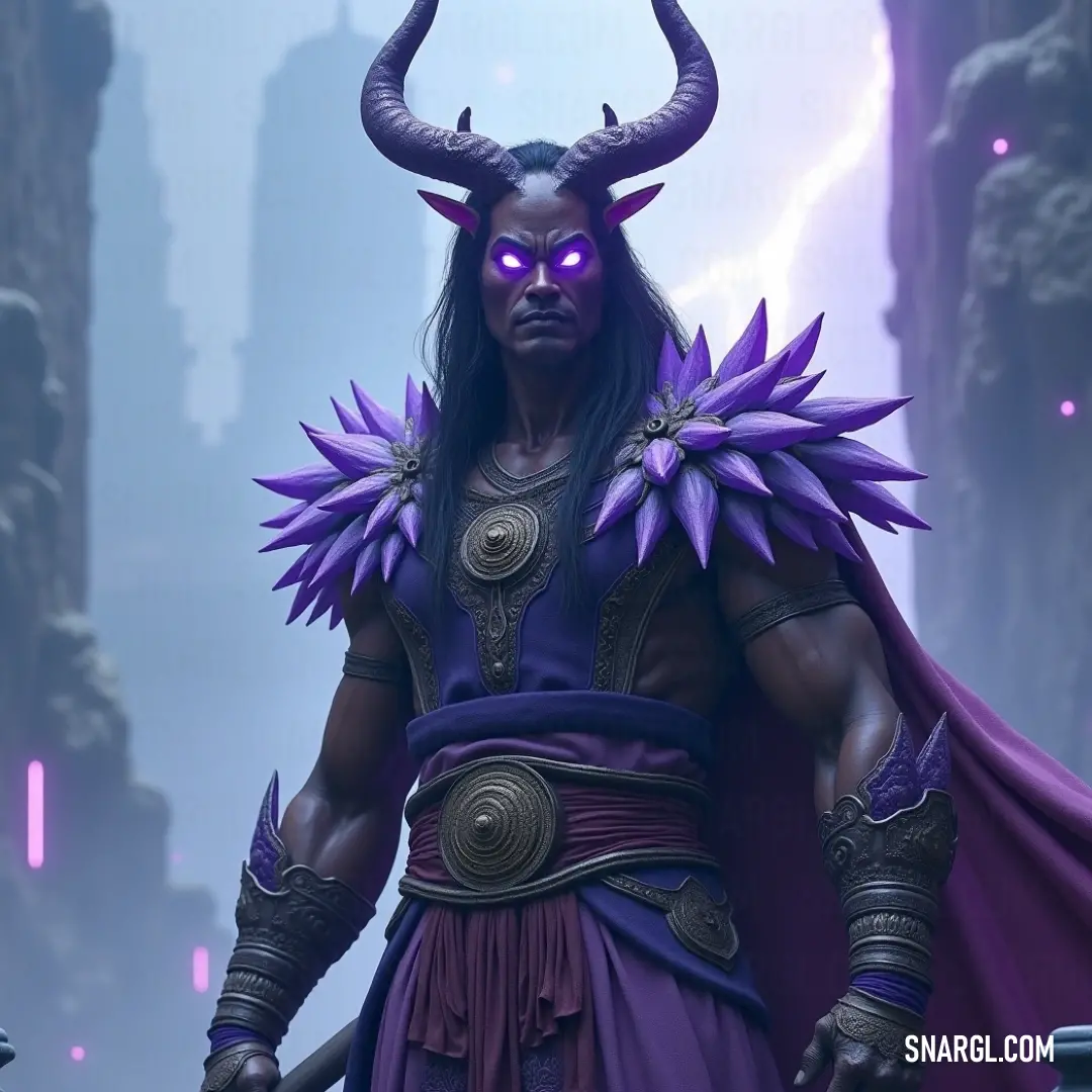 A majestic character adorned in a rich purple outfit with imposing horns, exuding an air of authority and intrigue beneath a swirling cape in a vivid scene filled with mystique. A formidable figure stands proudly, dressed in a regal purple ensemble adorned with intricate designs, crowned with striking horns, and draped in an elegant cape that billows slightly in the wind, showcasing an aura of mystery and power.