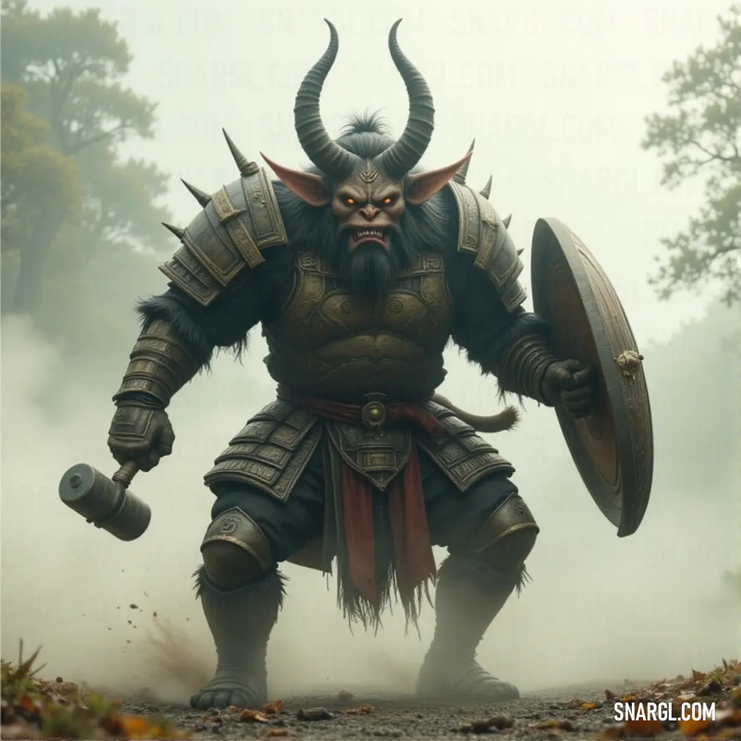 The imposing Ravenous Oni King stands tall in full battle armor, holding a shield in one hand and a sword in the other. His fierce, horned face adds to his terrifying presence as he prepares for combat in a war-torn realm.