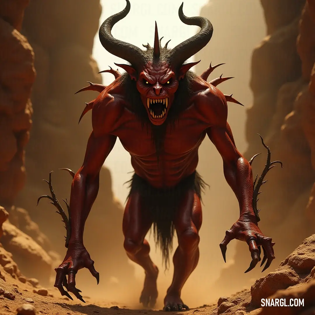 The Demonic Ravenous Oni, with its sharp horns and menacing claws, strides through a shadowy cave, its fierce presence enhanced by the rugged rocks and dirt framing its fierce silhouette.