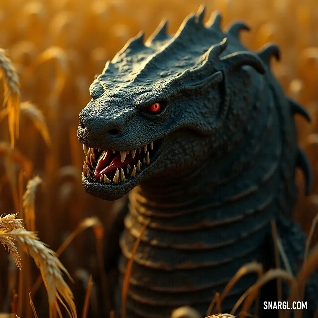 Giant Godzilla statue rearing in a cornfield, fiercely showcasing its open mouth and sharp teeth, a titan among crops. A colossal Godzilla statue lurking in a field of golden corn, its mouth agape and teeth bared, evoking fear and nostalgia in equal measure.