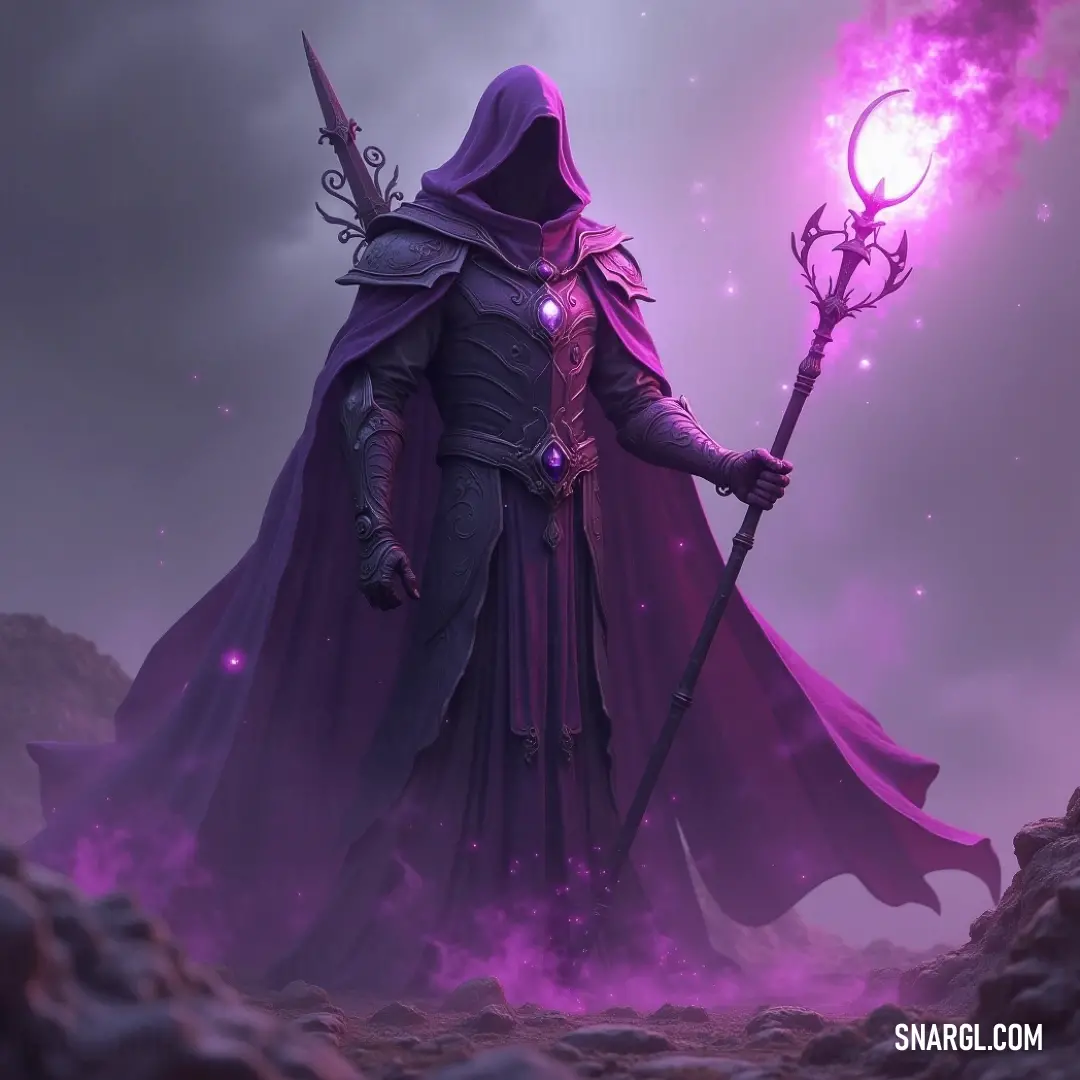 A character in a rich purple cloak stands confidently, holding a glowing purple wand in one hand and a swirling ball of fire in the other. The mysterious energy around them gives the scene a magical, powerful aura.