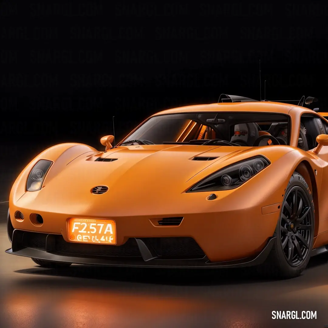 Orange sports car is shown in a dark room with a black background