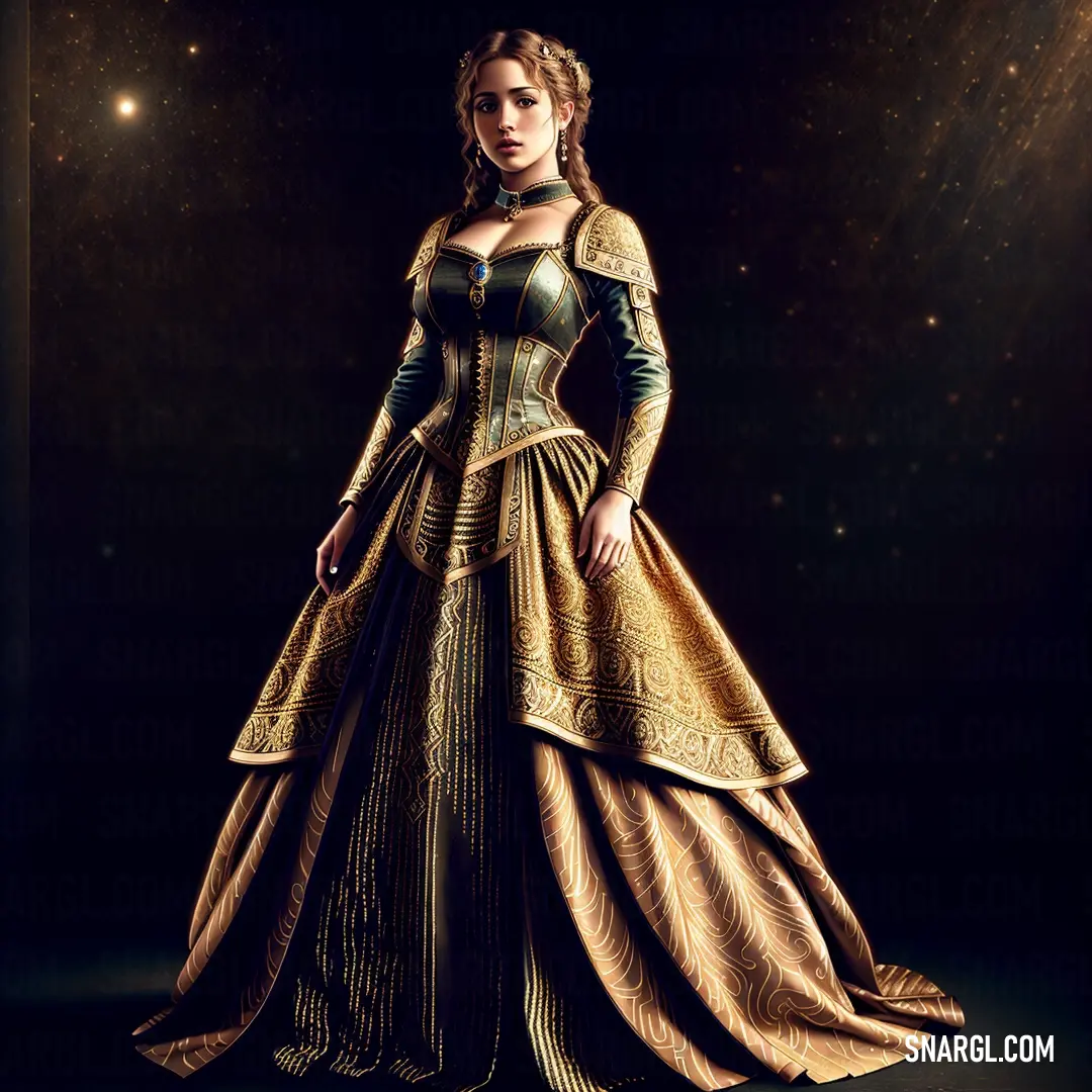 Woman in a golden dress standing in a dark room with stars in the background and a spotlight behind her