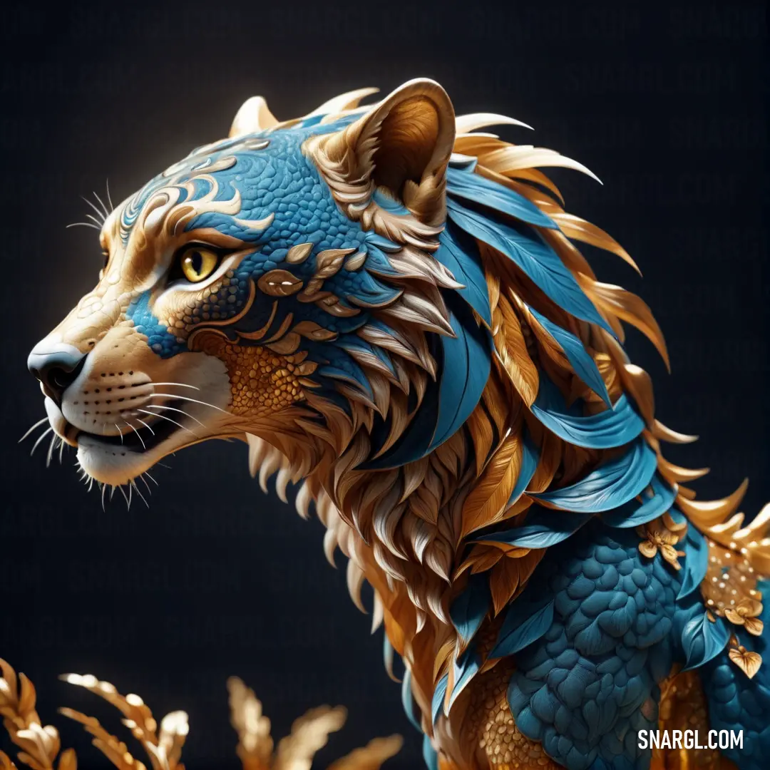 Blue and gold tiger statue with a black background and gold leaves on it's head and tail. Example of RGB 167,94,9 color.