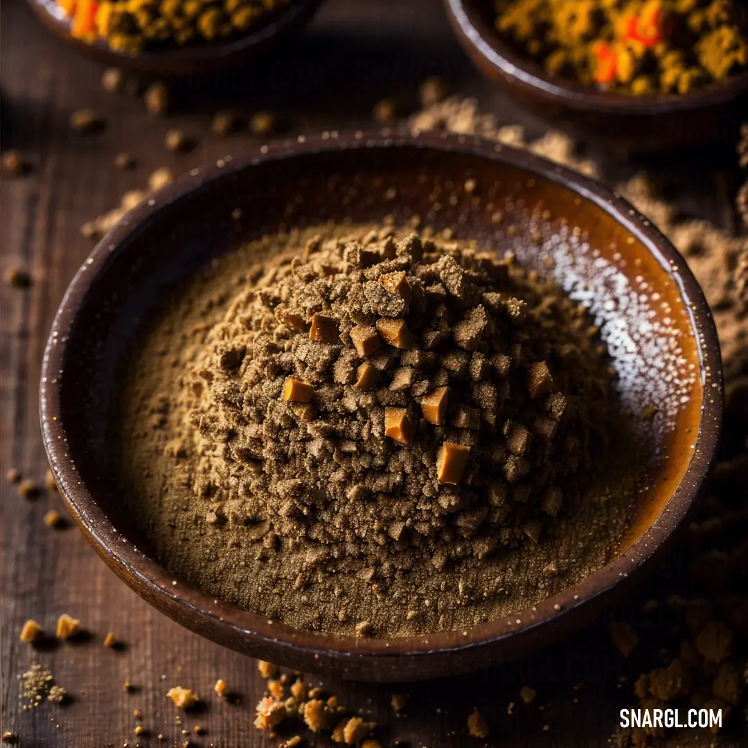 Bowl of ground spices on a table with other spices in the background and a spoon in the foreground